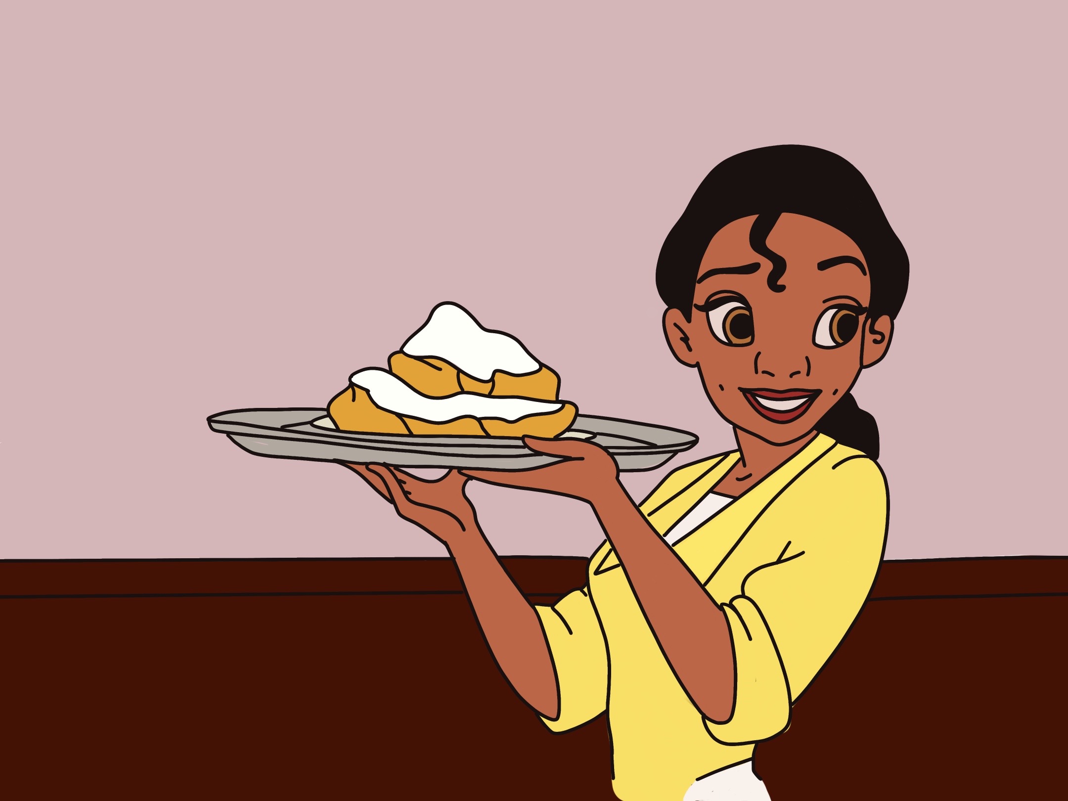 Tiana from the movie Princess and the Frog is holding a tray of beignets