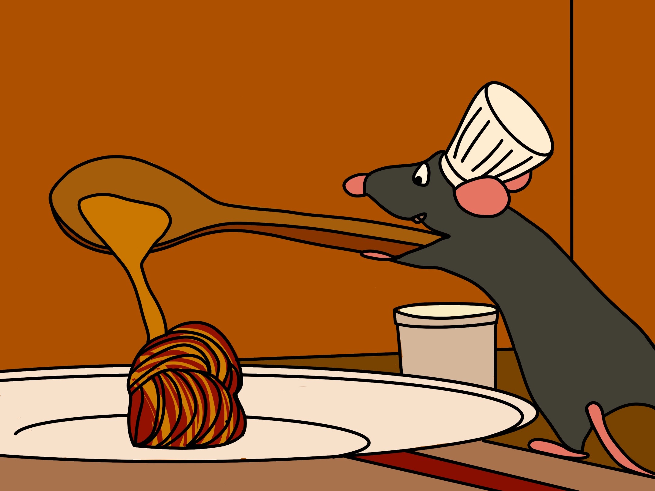 A cartoon image of Remy the rat spooning sauce onto ratatouille