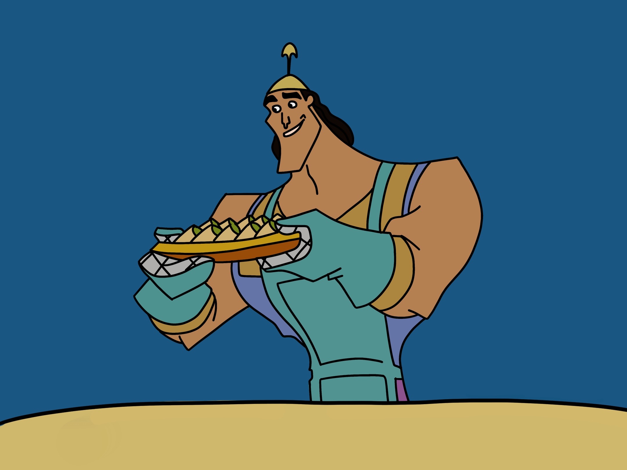 An cartoon style image with the character Kronk holding spinach puffs