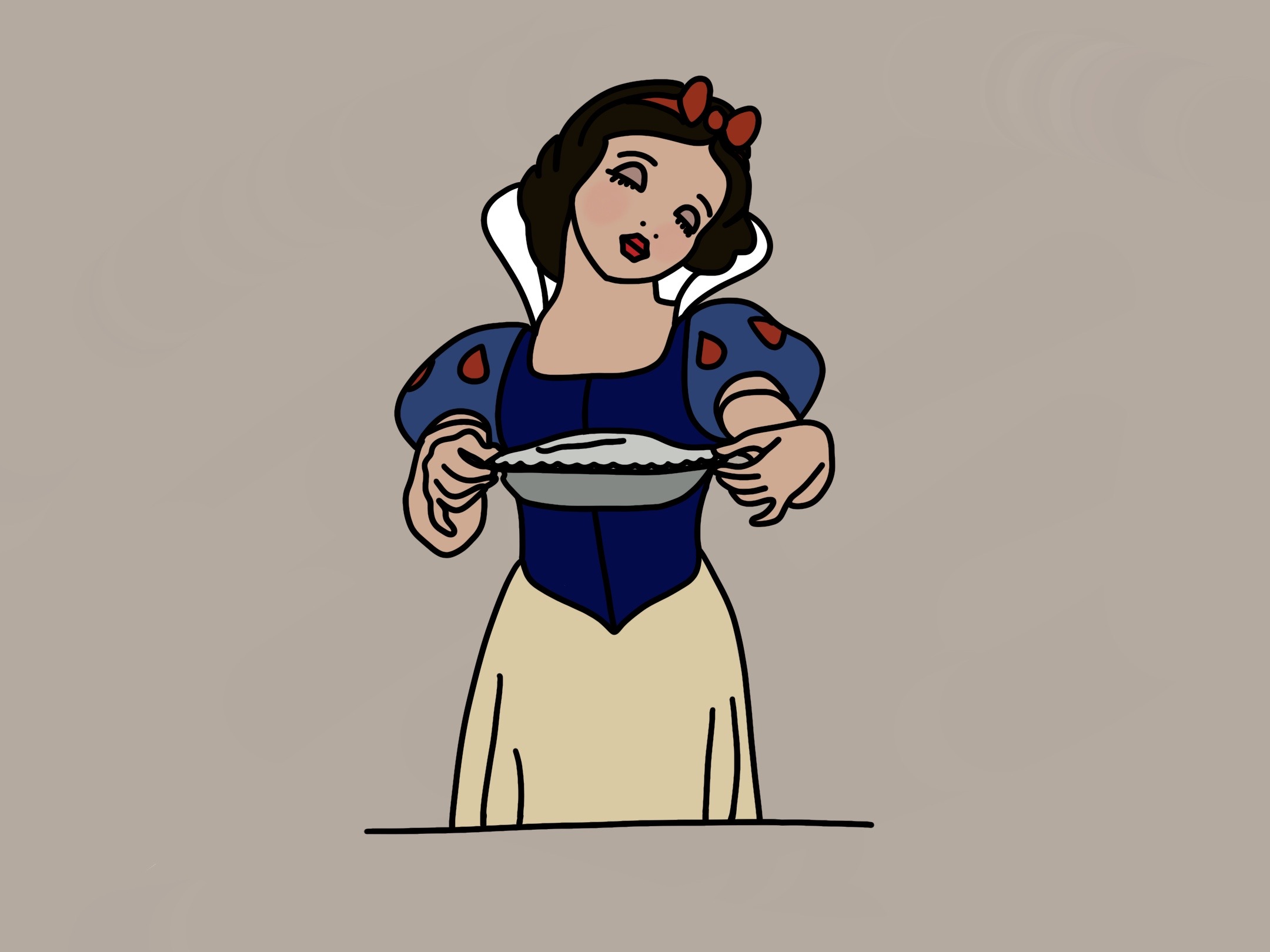 Snow White stands in the centre holding an apple pie 