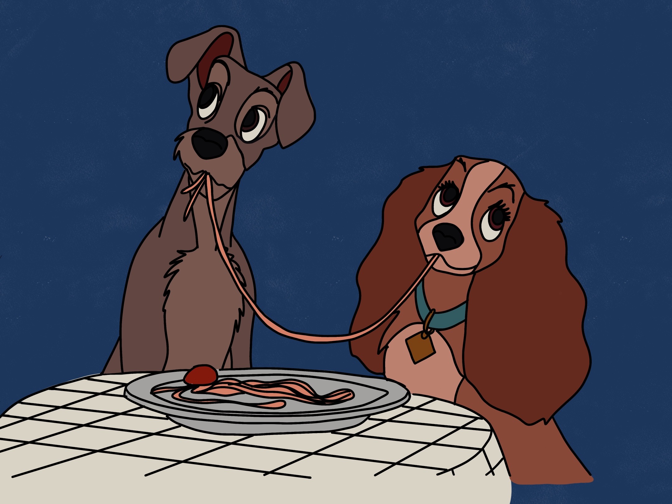 Two dogs are eating spagetti and meatballs, it is a cartoon format. Taken from the disney film Lady and the Tramp